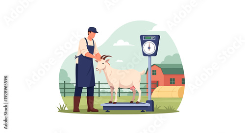 Farmer weighing a goat on a scale on a farm.
