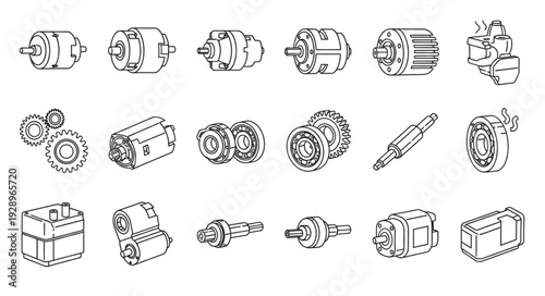 Collection of various industrial machinery components and parts in a detailed illustration.