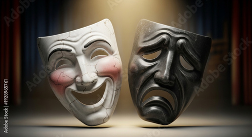 Theatrical comedy and tragedy masks on stage with spotlight symbolizing emotions and drama