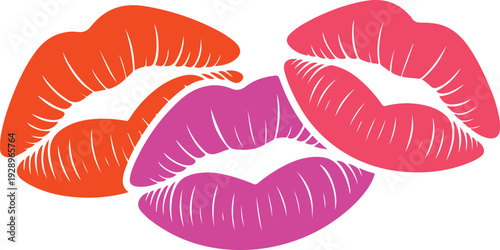 Three stylized, abstract illustrations of lips with a smooth, clean design, rendered in vibrant shades of orange, pink, and purple, suggesting passion, romance, and communication graphic art aesthetic