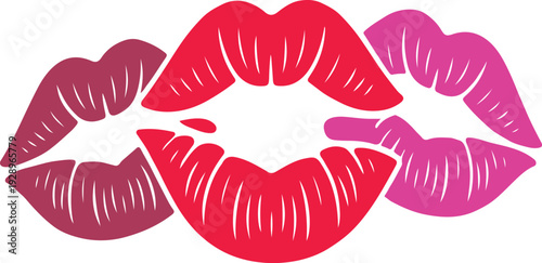 A vibrant and playful illustration featuring three distinct lip prints, rendered in varying shades of red and pink, overlapping to expressions of affection, love, or passionate gestures