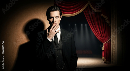 Man in black suit with hand on chin standing before red stage curtains with spotlight