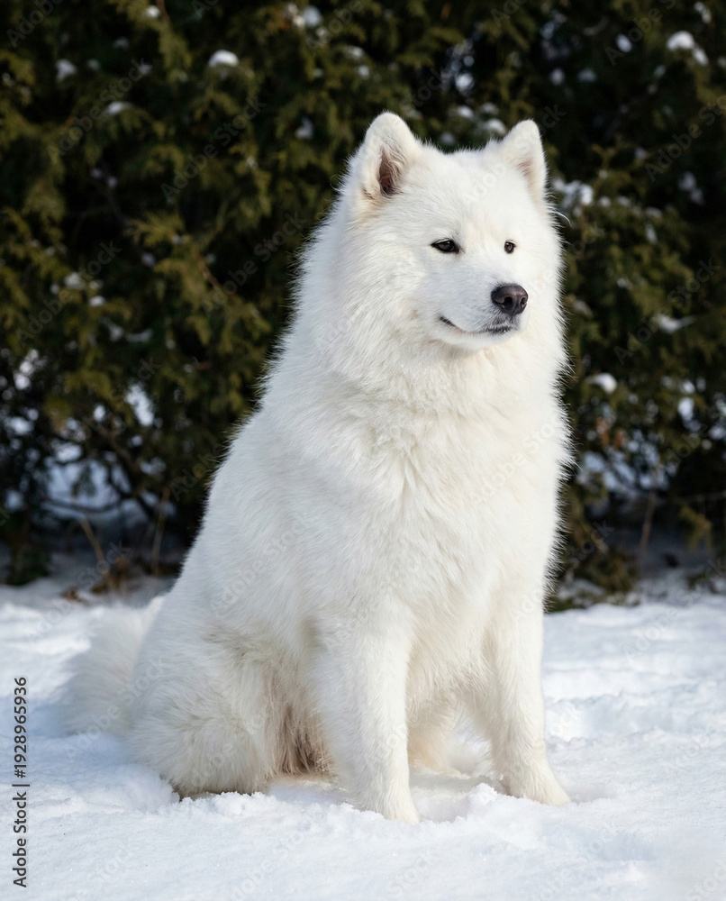 Fototapeta premium サモエド, 雪の上に座る純白でふわふわな毛並みの大型犬, 冬の屋外の庭で佇む美しいサモエド犬のポートレート, 豊かな被毛を持つ白いペットの犬, 寒冷地の自然な背景と忠実な犬の姿