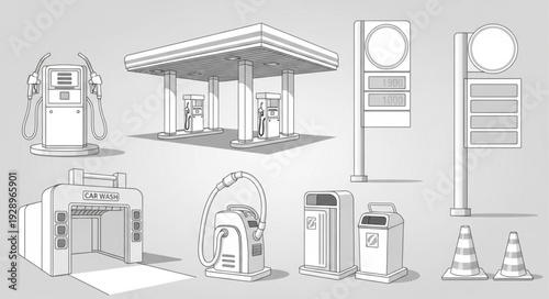 Detailed sketch of a gas station with various elements and structures.