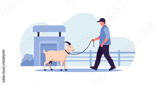 Man walking a goat on a leash outdoors.
