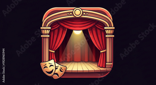 Theatrical stage with red curtains and comedy masks on a black background for drama and performance themes