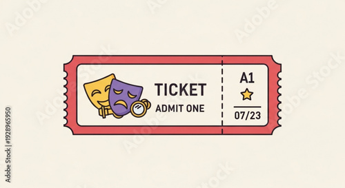 Theatrical ticket with comedy and tragedy masks on a red background for entertainment
