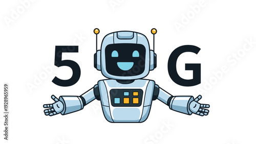 Smiling cartoon robot mascot standing between the number five and letter G representing high-speed 5G internet.