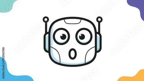 Surprised robot head with large round eyes and an open mouth surrounded by colorful abstract decorative corner shapes.