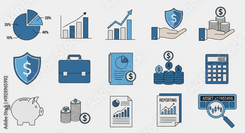 Financial analysis and investment strategy icons representing business growth and success.