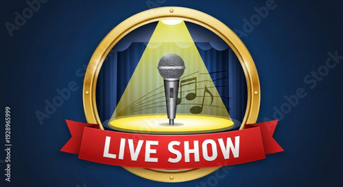 Golden live show microphone on stage with spotlight and red banner on dark blue background for entertainment and performance concepts