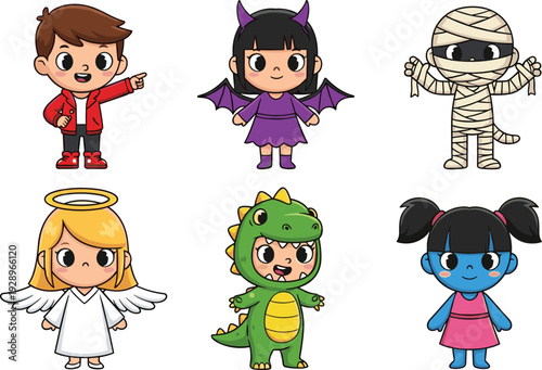 Cute kids halloween costume cartoon characters set with devil, mummy, angel and monster outfits, playful children illustration for party design, animation, and festive themes