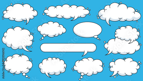 Collection of white comic book style speech bubbles and thought clouds of various shapes on a blue background.