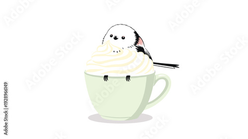 Adorable long-tailed tit bird perched on a tall swirl of whipped cream inside a light green ceramic coffee cup.