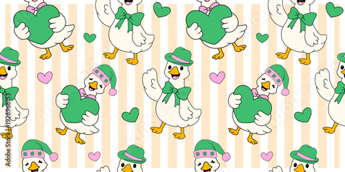 St Patrick silly goose poster or cards set background. goose cartoon hand drawn, for banner, greeting card, sticker and t shirt sublimation. Goose pattern in cute green color