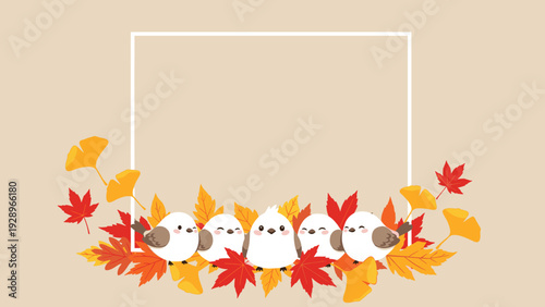 Beautiful autumn-themed frame featuring cute birds among colorful red maple and yellow ginkgo leaves on beige.