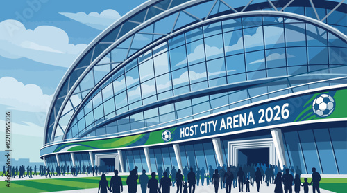 Modern Glass Arena Stadium for Sports Events and 2026 Football Championship with Crowd