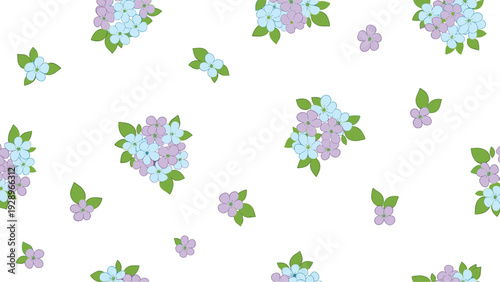 Beautiful seamless pattern of blue and purple hydrangea flowers with green leaves scattered across a clean white background.