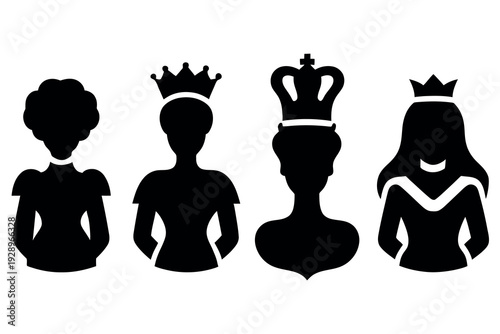 Vector illustration of a chess pawn king of queen and king of the king silhouette icons set featuring business people avatar profile heads and human user symbols