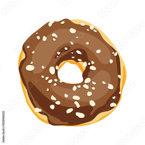 Flat vector illustration of bitten chocolate glazed donut with sprinkles, cute dessert isolated on white background for menu and food blog design.