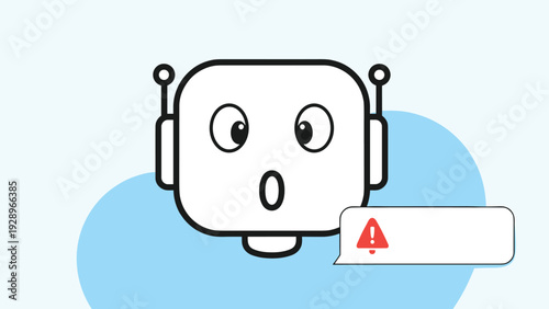 Simple line art illustration of a surprised robot head looking at a red warning notification bubble on a light blue background.