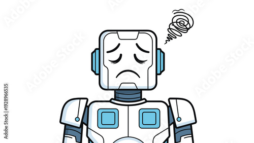 Sad robot character looking down with a swirling scribble above its head representing confusion, system error, or distress.