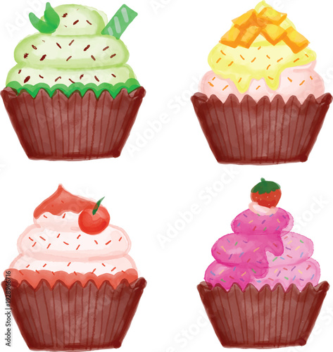 vektor cupcakes, mint, manggo, cerry and strawberry flavor
