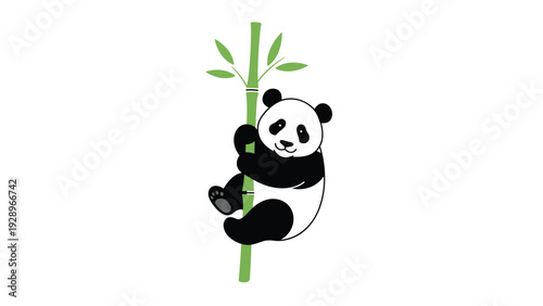 Illustration of a cute giant panda climbing a single green bamboo stalk with leaves on a simple white background for nature art.