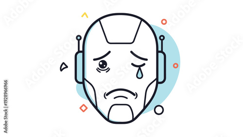 Illustration of a crying robot head with a single tear and sad facial expression surrounded by colorful geometric shapes.