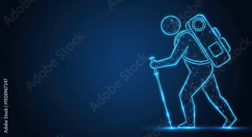 Abstract Glowing Hiker with Backpack and Trekking Poles on Dark Blue Background
