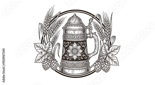 Beer stein vintage engraving with hops and barley wreath, Oktoberfest brewery label design, black and white line art featuring tankard, german, bavarian with pub and bar elements for drinking,