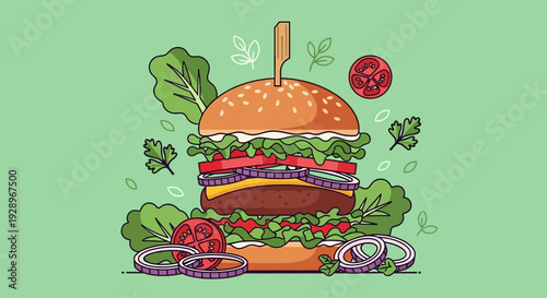 A vector eps illustration of a large hamburger with fresh vegetables on a green background.