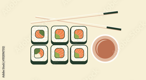 Vector sushi rolls with chopsticks and soy sauce in eps file