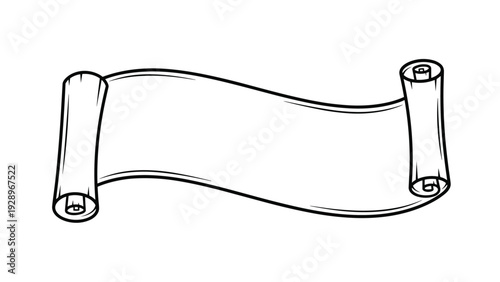 Simple black and white line drawing of a wavy paper scroll or ancient parchment roll for message or banner designs.