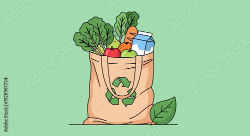 A vector eps illustration of a reusable bag filled with fresh produce and groceries on a green background.