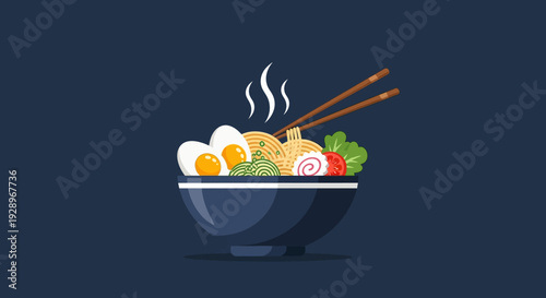 Steaming bowl of ramen noodles with chopsticks vector eps illustration