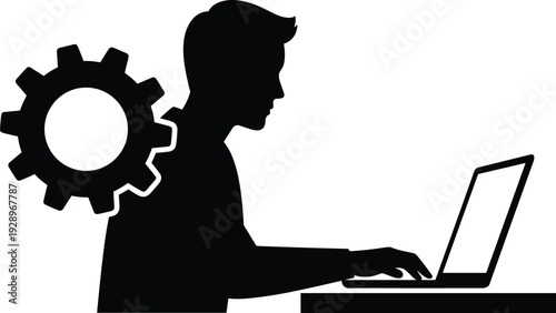 Software Developer Working on Laptop, Programmer Silhouette with Gear Symbol for Technology Coding Engineering and Digital Innovation Concept