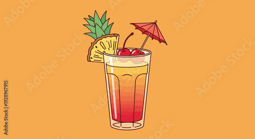 Colorful vector eps illustration of tropical cocktail with pineapple and cherries on orange