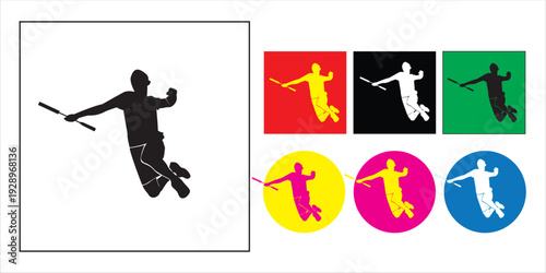 Set of silhouettes showing professional badminton players in various action poses.