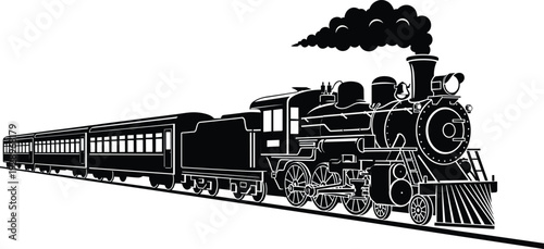 Classic Steam Train Locomotive, Vintage Railway Engine Black Silhouette Illustration for Historic Transportation Travel and Industrial Revolution Concept