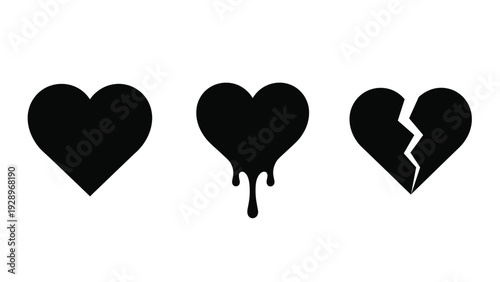 Three simple black heart icons representing a normal heart a melting heart and a broken heart for different emotional expressions.