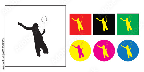 Set of silhouettes showing professional badminton players in various action poses.
