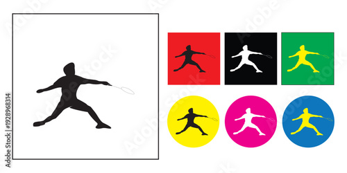 Set of silhouettes showing professional badminton players in various action poses.