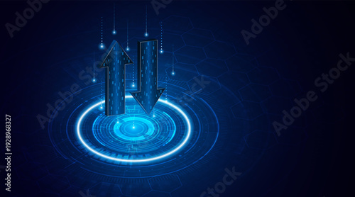 Up and down arrows on dark blue background. Concept of data transmission or digital exchange. Business growth or investment concept. Blue arrow technology background.