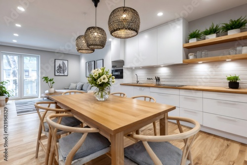 Modern open plan kitchen dining living room interior