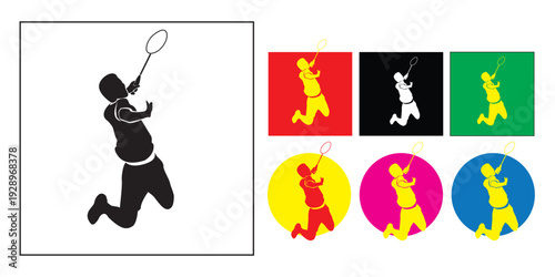 Set of silhouettes showing professional badminton players in various action poses.