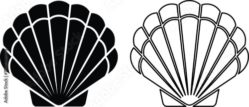 Simple line art illustration of two seashells, one filled and one outlined, on a clean white background, symbolizing oceanic beauty and simplicity in design.