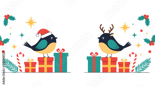 Cute Christmas birds wearing a Santa hat and reindeer antlers perched on gift boxes with holly leaves and stars for the holidays.