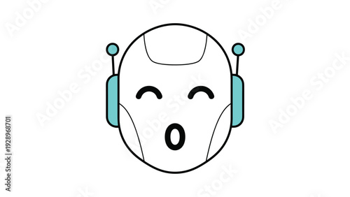 Friendly robot head icon with a smiling face and cyan colored headphones on a plain white background for technology concepts.
