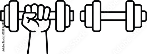 Simple line art illustration of a hand holding a dumbbell symbolizing fitness and strength training with a minimalist aesthetic.
